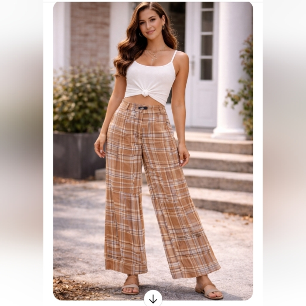 PatBO Plaid Wide-Leg Crop Pants Size 34 (Small) Brazil Made Tan Brown Check